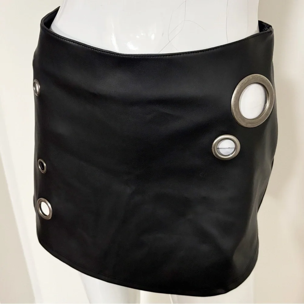 Dolls Kill Brand Poster Grl Black Vegan Leather Mini Skirt w Grommet Details - Picture 2 of 5